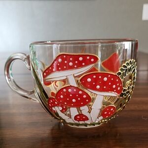 Hand Painted 16oz. Glass Mug with Red Mushroom Design